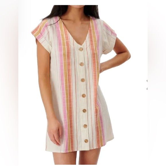 Rip curl striped linen dress button up size large - Picture 1 of 5